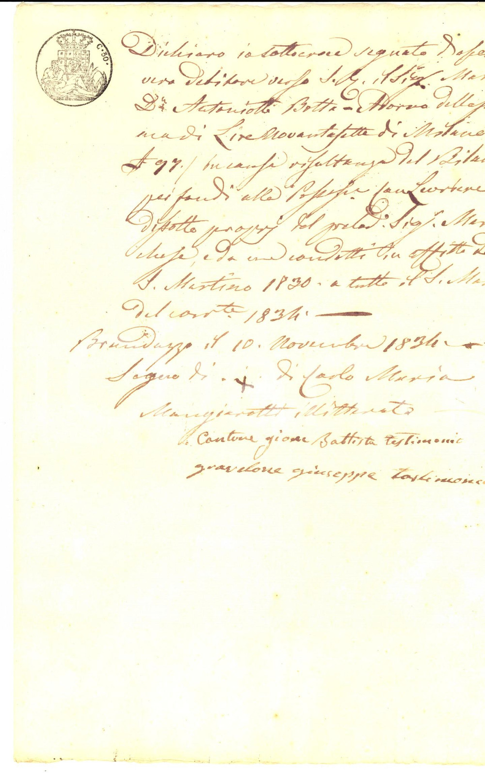 Documento originale, autentico 1834 BRANDUZZO (PV) Debiti Carlo Maria MANGIAROTTI verso marchese BOTTA ADORNO 1