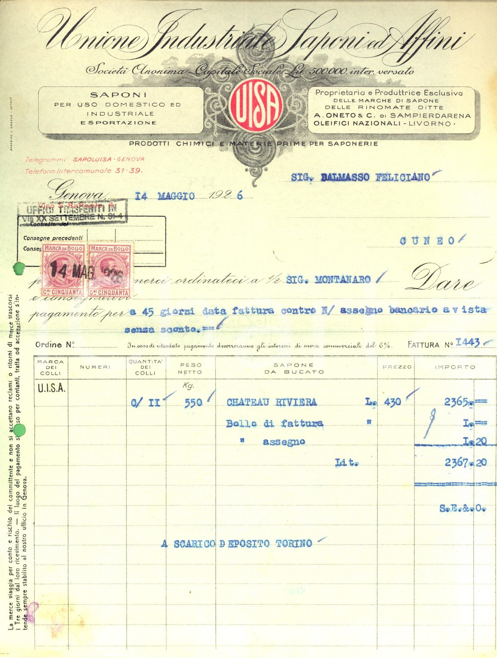 Documento originale, autentico 1926 GENOVA Unione Industriale Saponi ed Affini *Fattura carta intestata 1