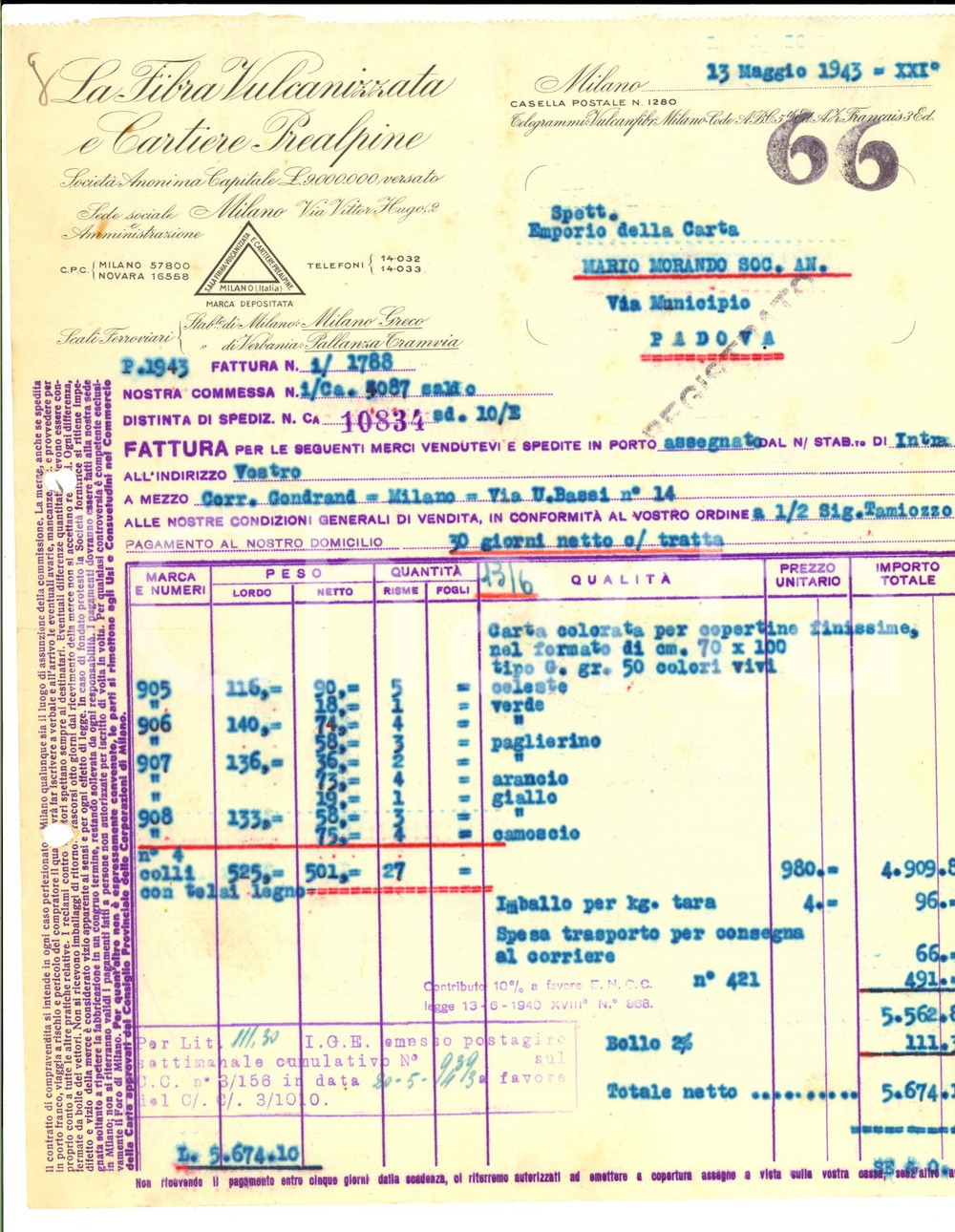 Documento originale, autentico 1943 MILANO Cartiere PREALPINE - Fibra vulcanizzata *Fattura per carta colorata 1