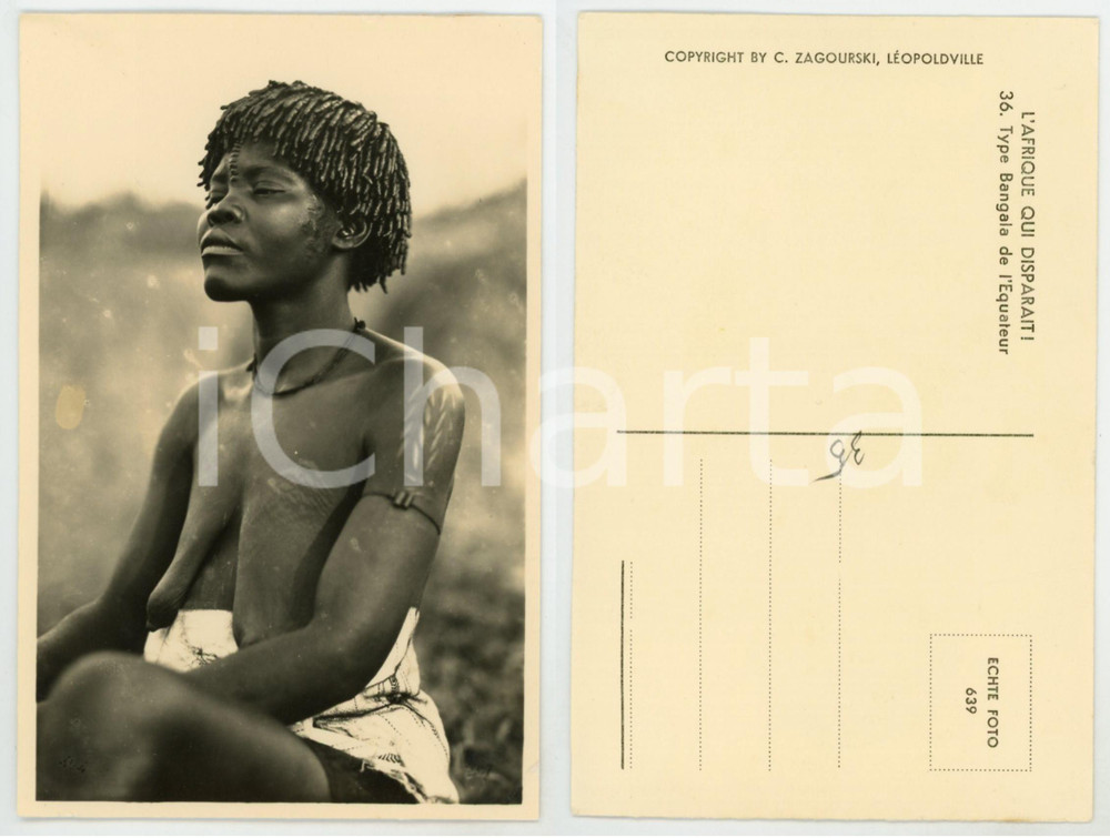 1930 C. ZAGOURSKI «L'Afrique qui disparaît» Type BANGALA Equateur - Femme n. 36  Fotocartolina postale d'epoca, appartenente alla serie &laquo;L'Afrique qui dispara&icirc;t&raquo; del fotografo Casimir Zagourski (L&eacute;opoldville).N&deg; 36, non viaggiata.CONDIZIONI: GFORMATO: 9x14 cm    originale e autentica 1