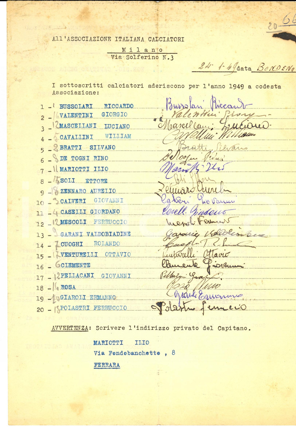 Autografo originale 1949 BONDENO FE CALCIO Iscrizione calciatori BONDENESE all AIC Autografi 1