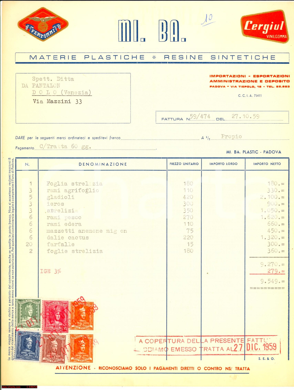 Documento originale, autentico 1959 PADOVA Fiori artificiali MI. BA. Materie plastiche e resine  Fattura 1