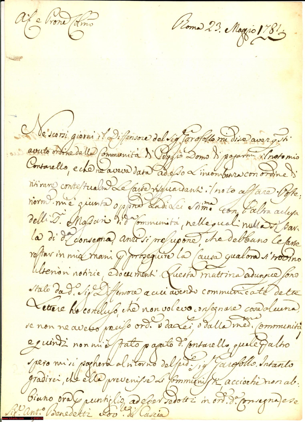 Manoscritto, lettera originale 1781 POGGIODOMO PG Contarello dell avv. Giacomo CLETER 1