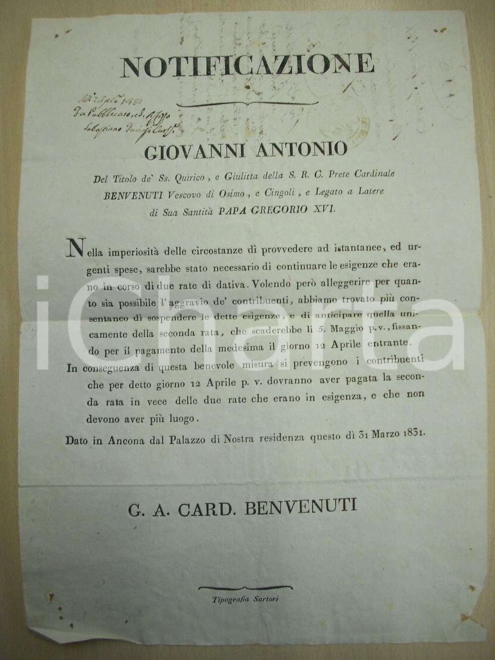 Documento originale, autentico 1831 STATO PONTIFICIO Cittadini alleggeriti dopo i moti 1
