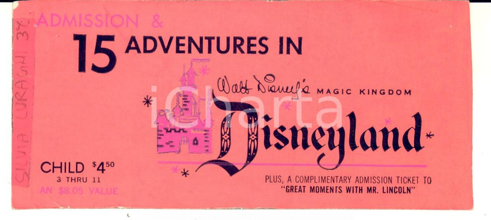 Oggetto da collezione cartaceo 1965ca DISNEYLAND USA Biglietto d ingresso VINTAGE 1