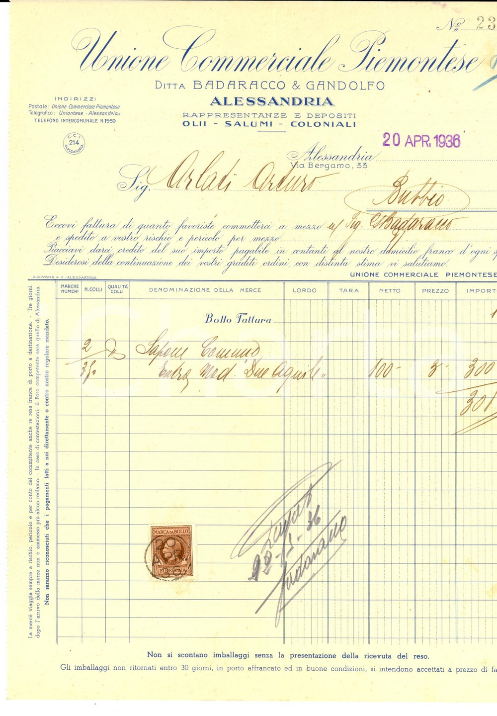 Documento originale, autentico 1936 ALESSANDRIA Unione Commerciale Piemontese BADARACCO & GANDOLFO Fattura 1