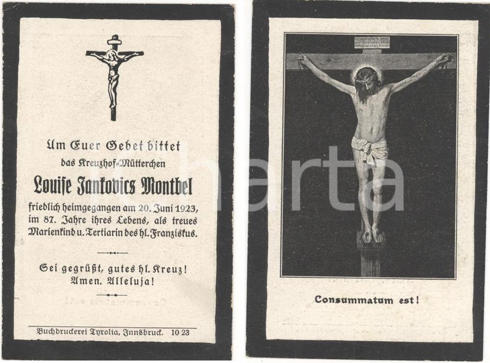 Oggetto da collezione cartaceo 1923 INNSBRUCK AU In morte della Baronessa Louise JANKOVICS MONTBEL 1
