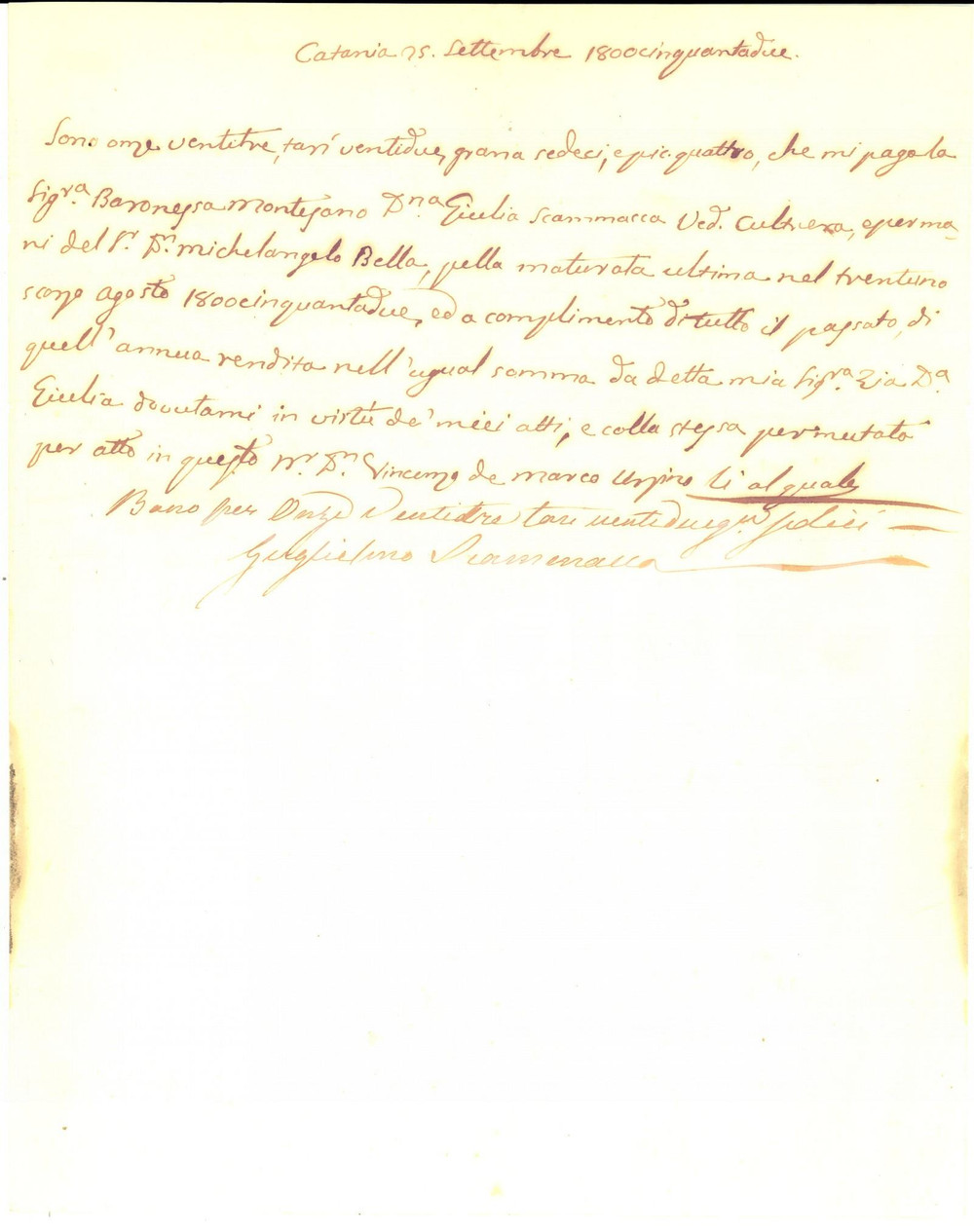 Documento originale, autentico 1852 CATANIA Ricevuta barone Guglielmo SCAMMACCA DELLA BRUCA Autografo 1