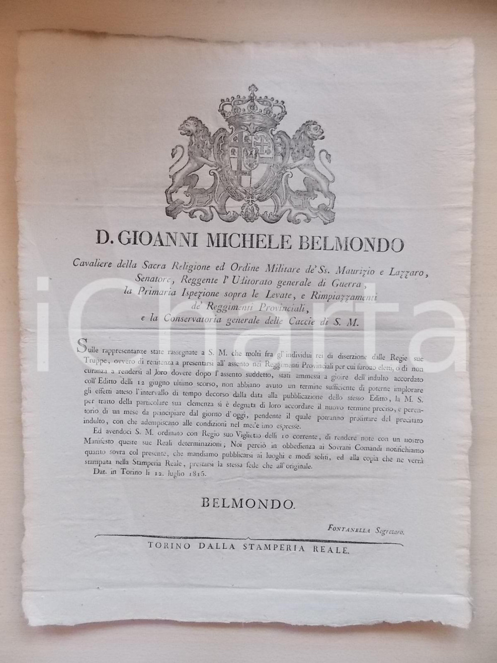 Documento originale, autentico 1815 TORINO Indulto per i disertori delle Regie Truppe *Manifesto POLIZIA 1