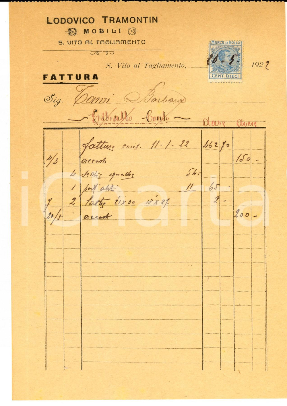 Documento originale, autentico 1922 SAN VITO AL TAGLIAMENTO UD Ditta Lodovico TRAMONTIN Mobili Fattura 1