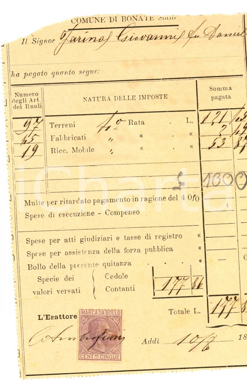 Documento originale, autentico 1894 BONATE SOTTO BG Censi su terreni di Giovanni FARINA 1