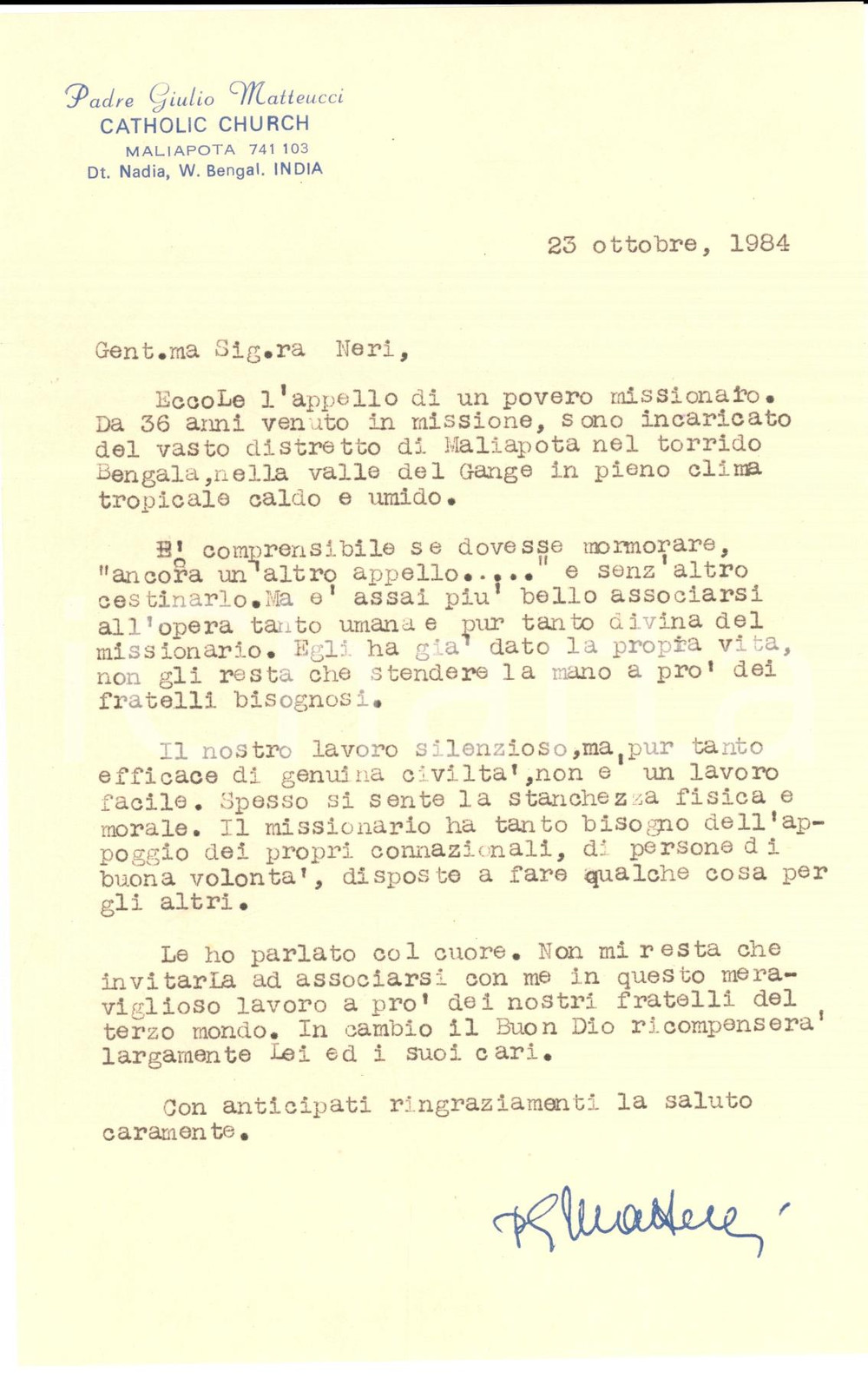 Autografo originale 1984 MALIAPOTA (INDIA) Padre Giulio MATTEUCCI chiede aiuti missione *Autografo 1