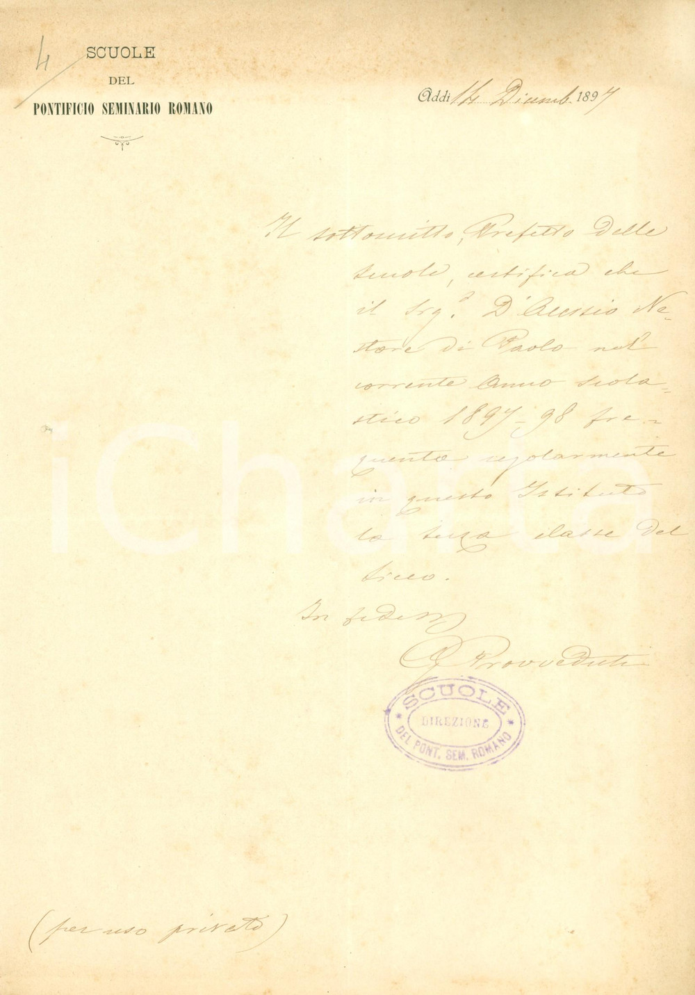Documento originale, autentico 1897 ROMA Nestore D ALESSIO frequenta Scuole PONTIFICIO SEMINARIO ROMANO 1