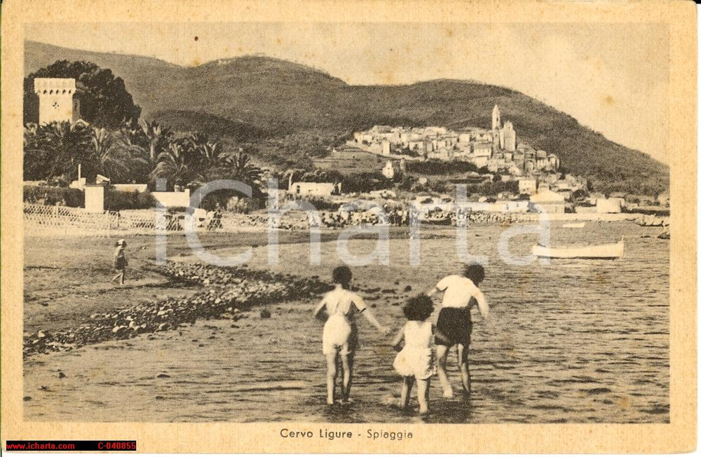 Cartolina originale da collezione 1925 Cervo Ligure, Veduta animata con bagnanti NV 1