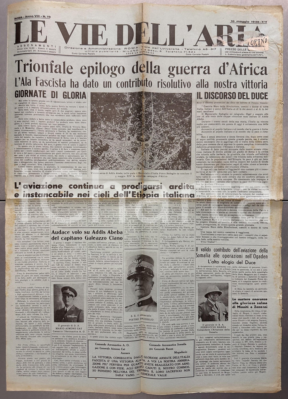 Giornale, rivista storica 1936 LE VIE DELL'ARIA Aviazione Italiana vince Guerra AFRICA e conquista Impero 1