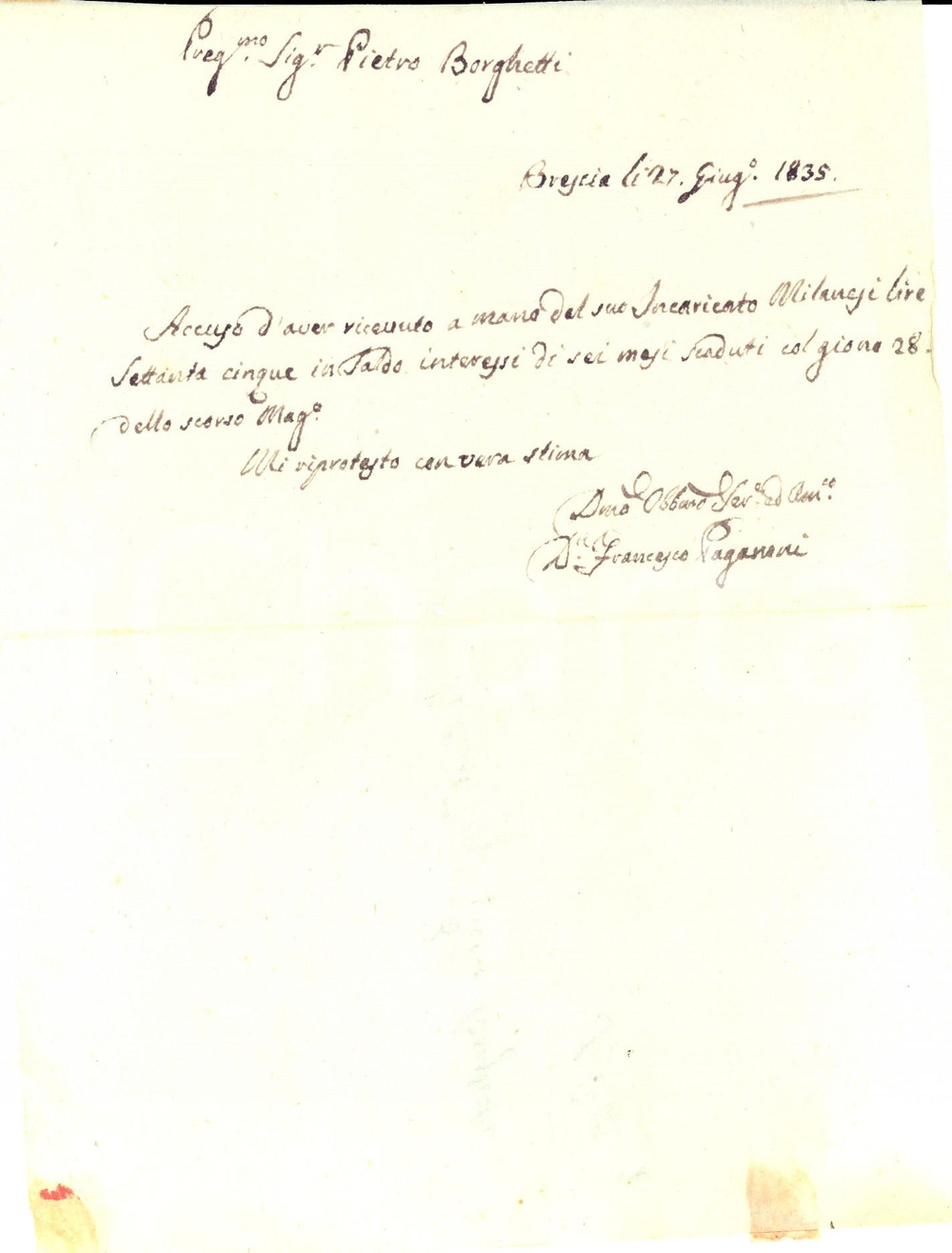 Manoscritto, lettera originale 1835 BRESCIA Don Francesco PAGANONI riceve interessi su capitale Documento 1