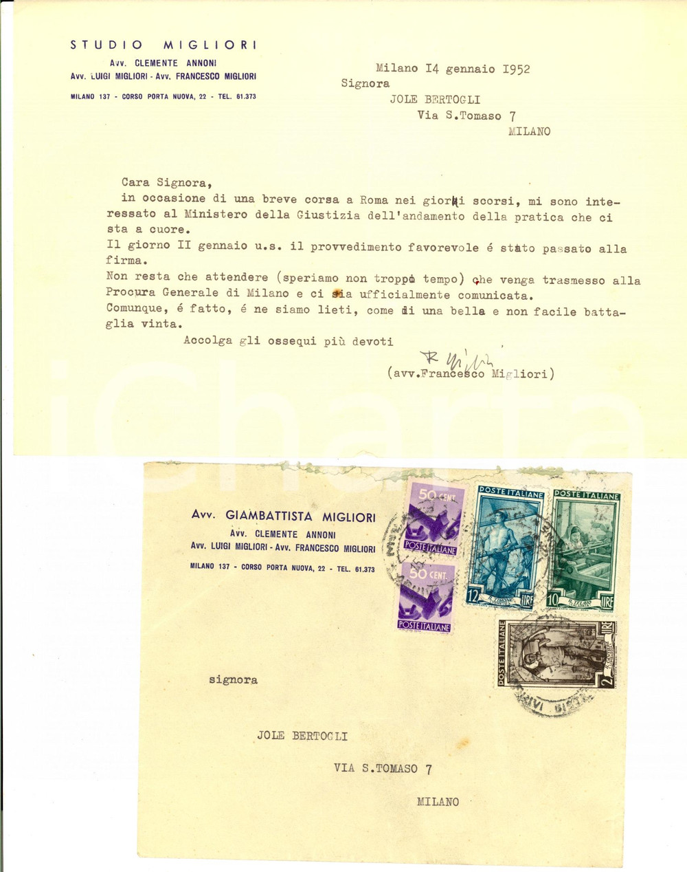 Cartolina originale da collezione 1952 MILANO Lettera avvocato Francesco MIGLIORI a Jole BERTOGLI Autografo 1