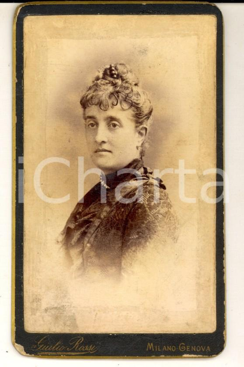 Fotografia d epoca originale 1890 GENOVA Ritratto di donna con acconciatura raccolta Foto GIULIO ROSSI CDV 1