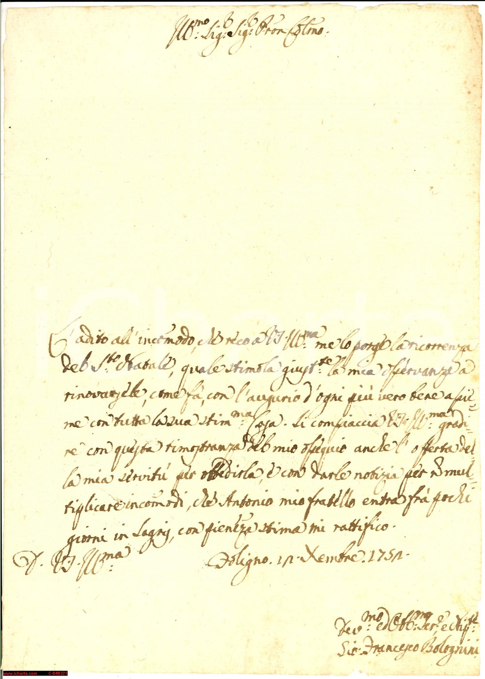 Manoscritto, lettera originale 1752 FOLIGNO (PG) Auguri NATALE Francesco Bolognini 1