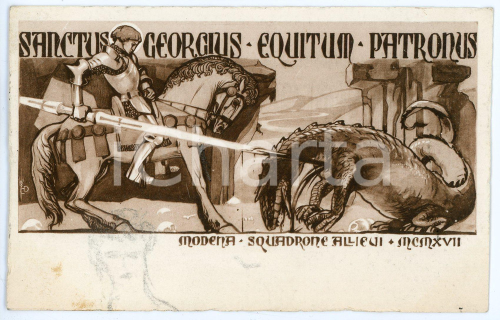 1916 MODENA Squadrone allievi - San Giorgio e il drago - Cartolina ILLUSTRATA  Cartolina postale d'epoca, viaggiata.CONDIZIONI: FAIR (disegno a matita al recto)FORMATO: FP    originale e autentica 1