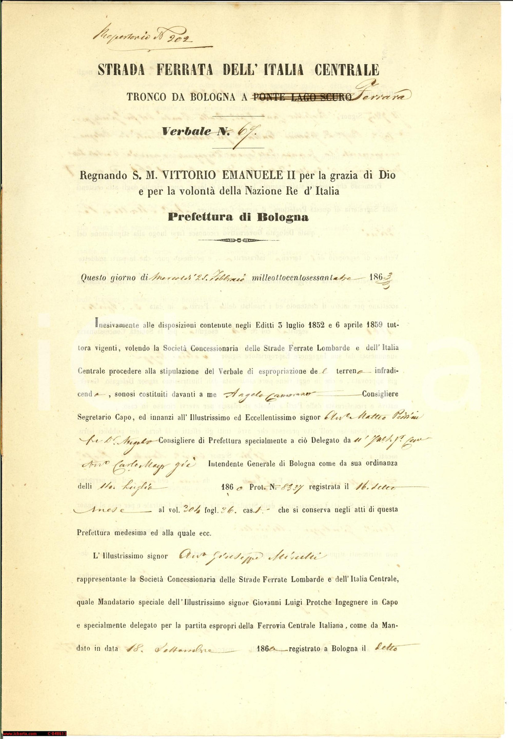 Documento originale, autentico 1863 SAN GIORGIO DI PIANO (BO) Ferrovia Bologna-Ferrara 1