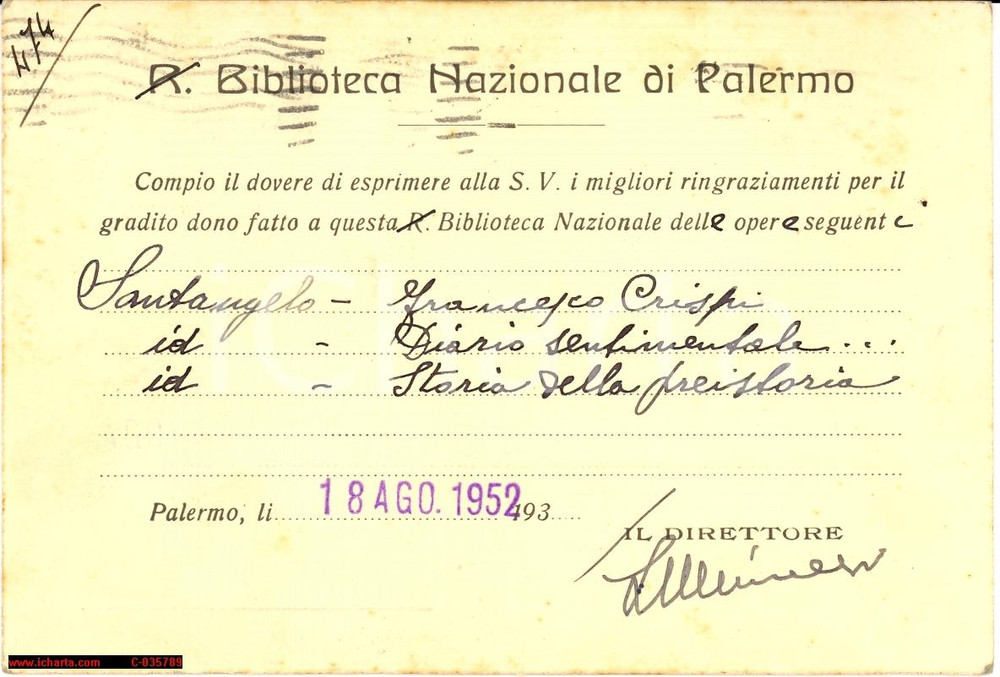 Documento originale, autentico 1952 Biblioteca Nazionale di Palermo a SANTANGELO 1
