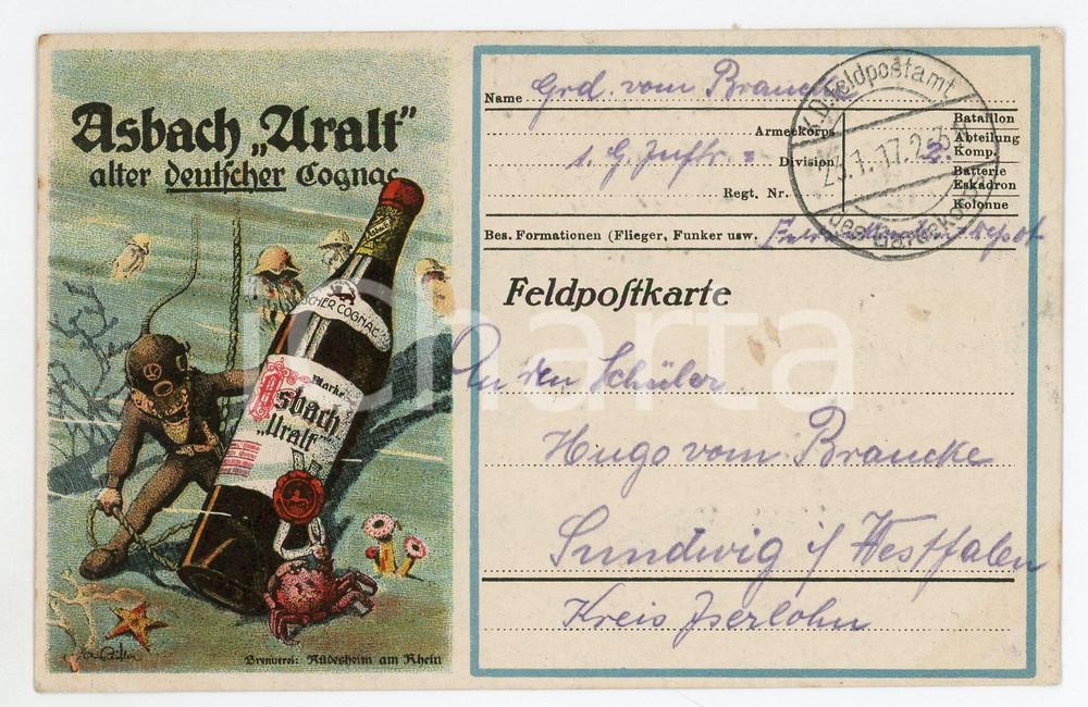 1917 ASBACH ARALT Alter deutscher cognac - Carte postale ILLUSTRÉE FP VG  Cartolina postale d'epoca, viaggiata.CONDIZIONI: FAIRFORMATO: FP    originale e autentica 1
