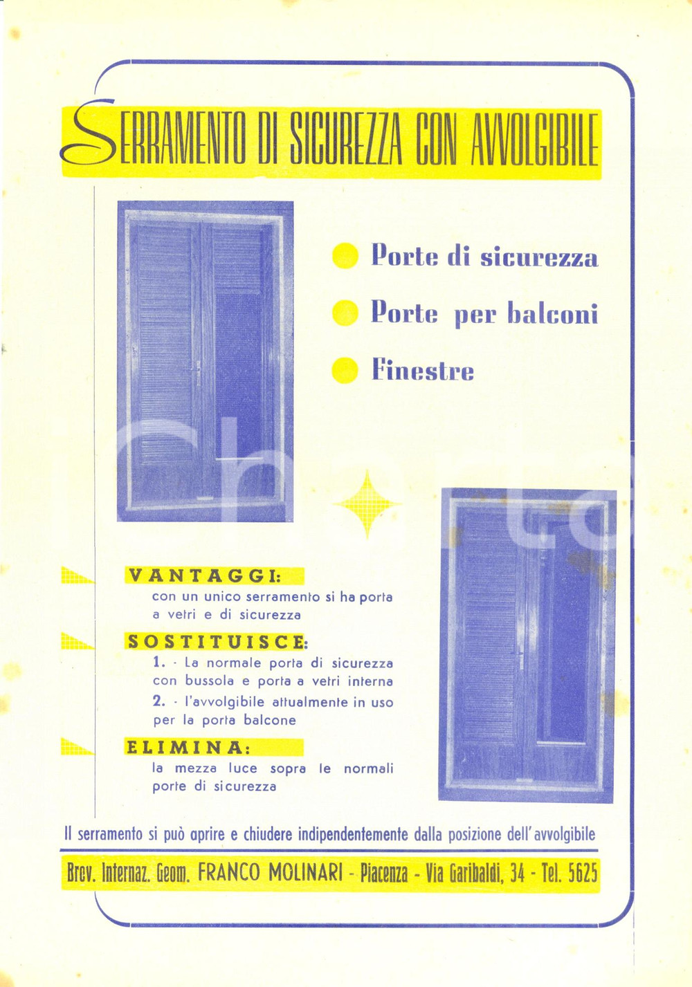 Materiale pubblicitario d’epoca 1935 ca PIACENZA Ditta Franco MOLINARI serramenti sicurezza Volantino ILLUSTRATO 1