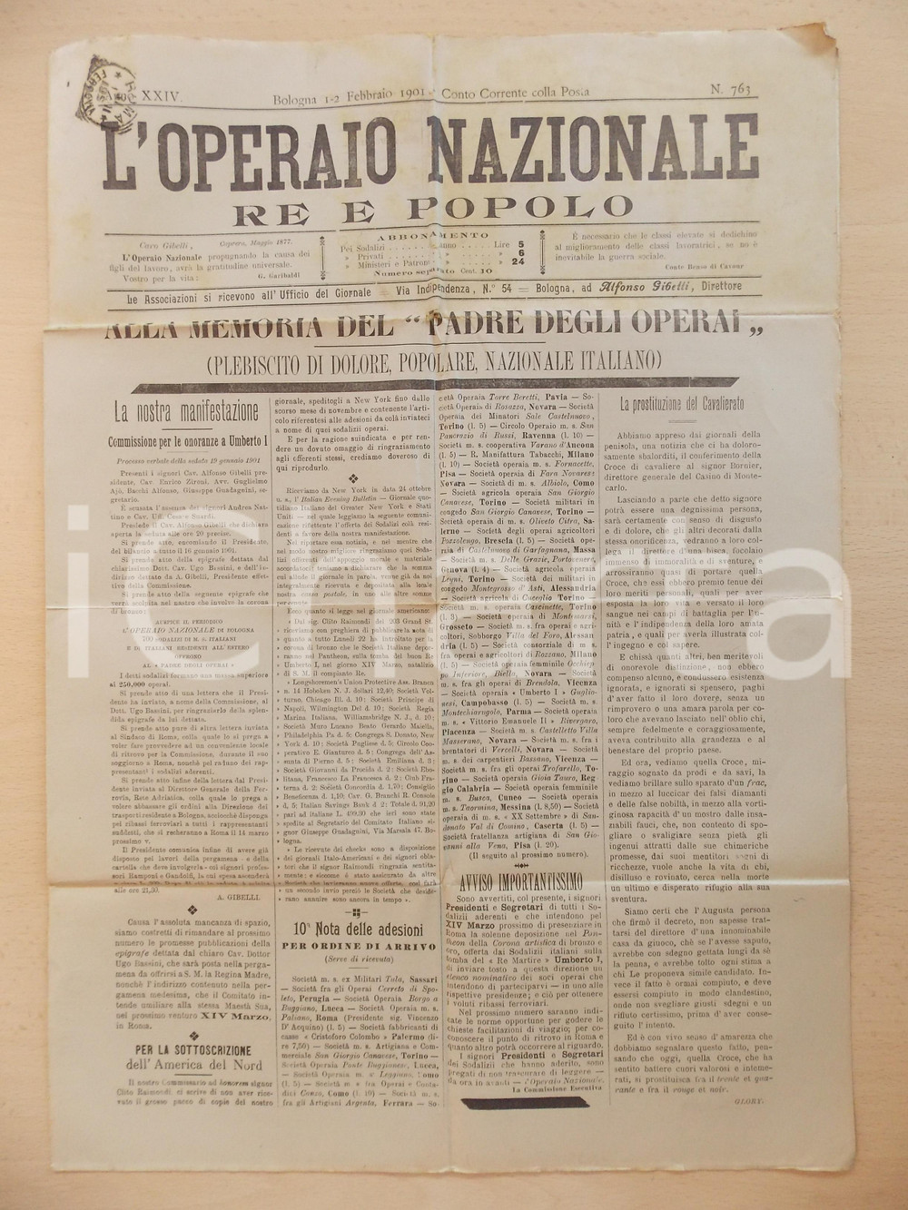 Giornale, rivista storica 1900 L OPERAIO NAZIONALE Commissione per onoranze a Umberto I Rivista nÂ° 763 1