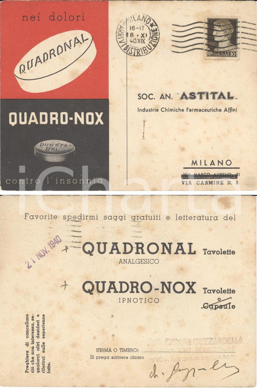 Cartolina originale da collezione 1940 MILANO Soc. ASTITAL Ipnotico QUADRONOX Cartolina pubblicitaria farmaceutica 1