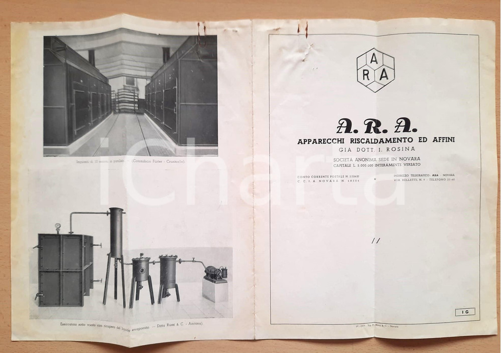 Materiale pubblicitario d’epoca 1949 NOVARA Apparecchi riscaldamento affini A.R.A. Dott. ROSINA ILLUSTRATO 1