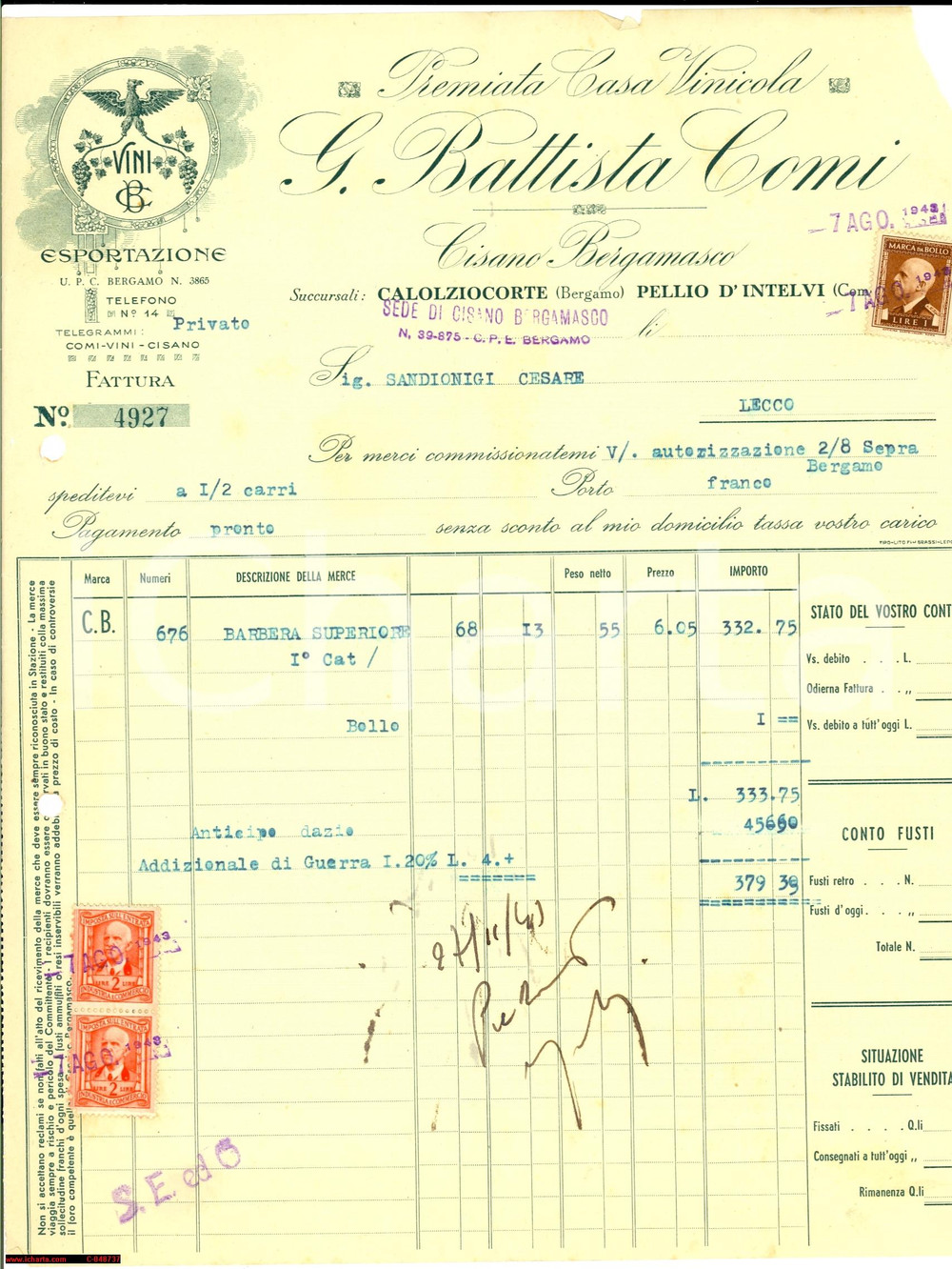 Documento originale, autentico 1943 CISANO BERGAMASCO Casa Vinicola G. Battista COMI 1