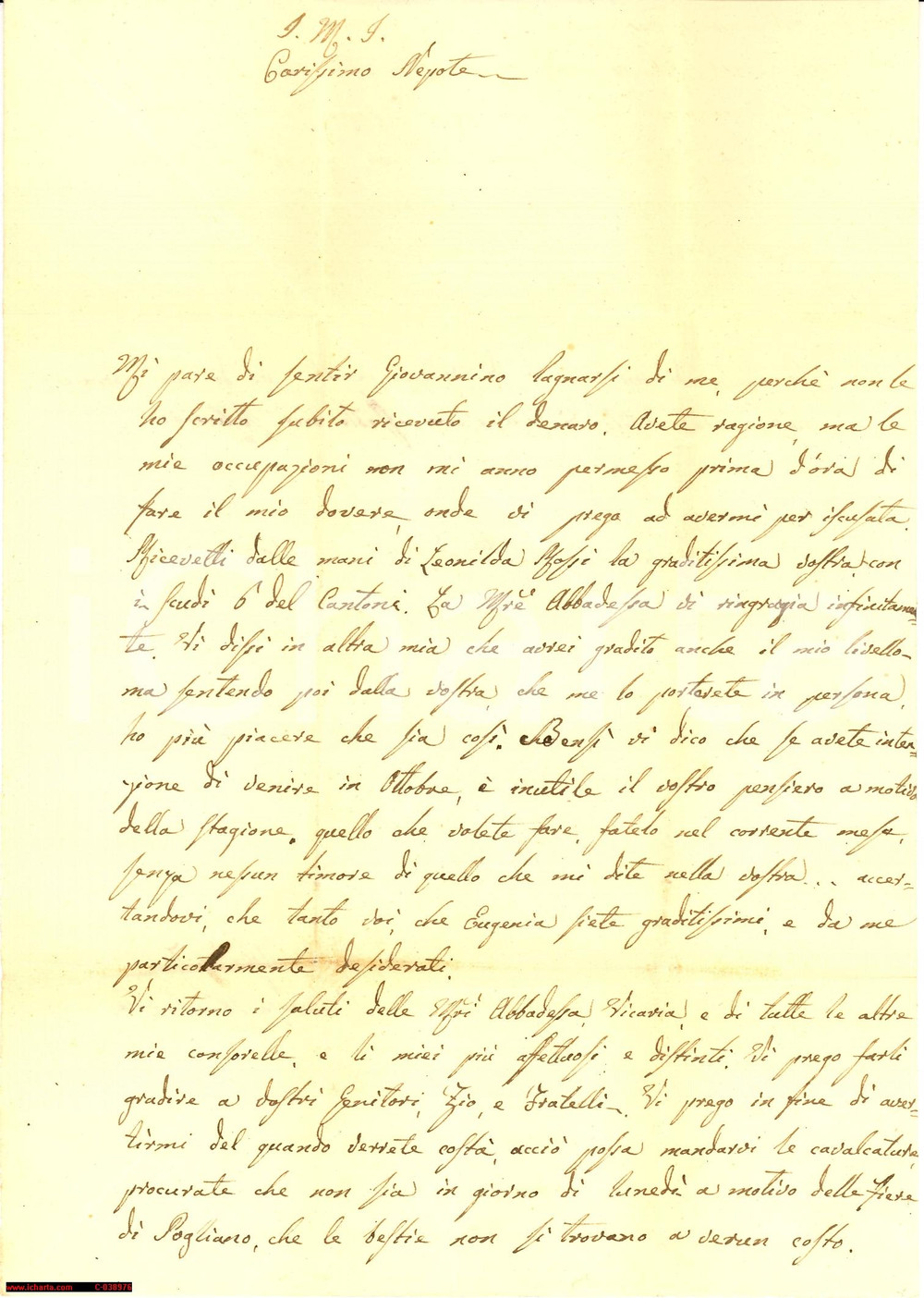 Manoscritto, lettera originale 1858 MACERATA Monastero S.CHIARA lettera Suor Teresa a nipote Giovanni Montanari 1