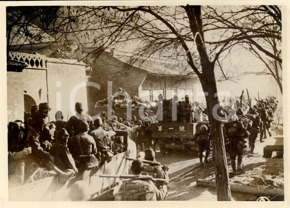 Fotografia d epoca originale 1938 LIUNGHSI Marcia rinforzi per esercito giapponese 1