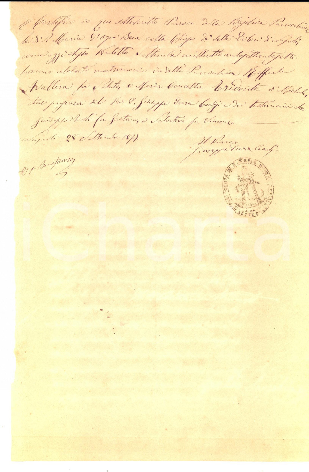 Documento originale, autentico 1877 NAPOLI SANTA MARIA SETTE DOLORI Nozze Raffaele AVALLONE e Concetta TRIDENTE 1