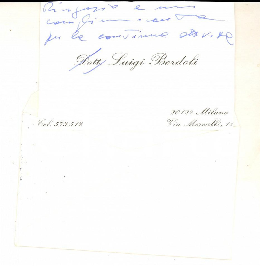 Oggetto da collezione cartaceo 1975 MILANO Biglietto da visita dott. Luigi BORDOLI Autografo 1