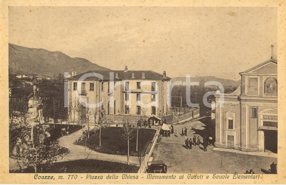 Cartolina originale da collezione 1934 COAZZE TO Piazza della Chiesa e scuole elementari ANIMATA FP NV 1