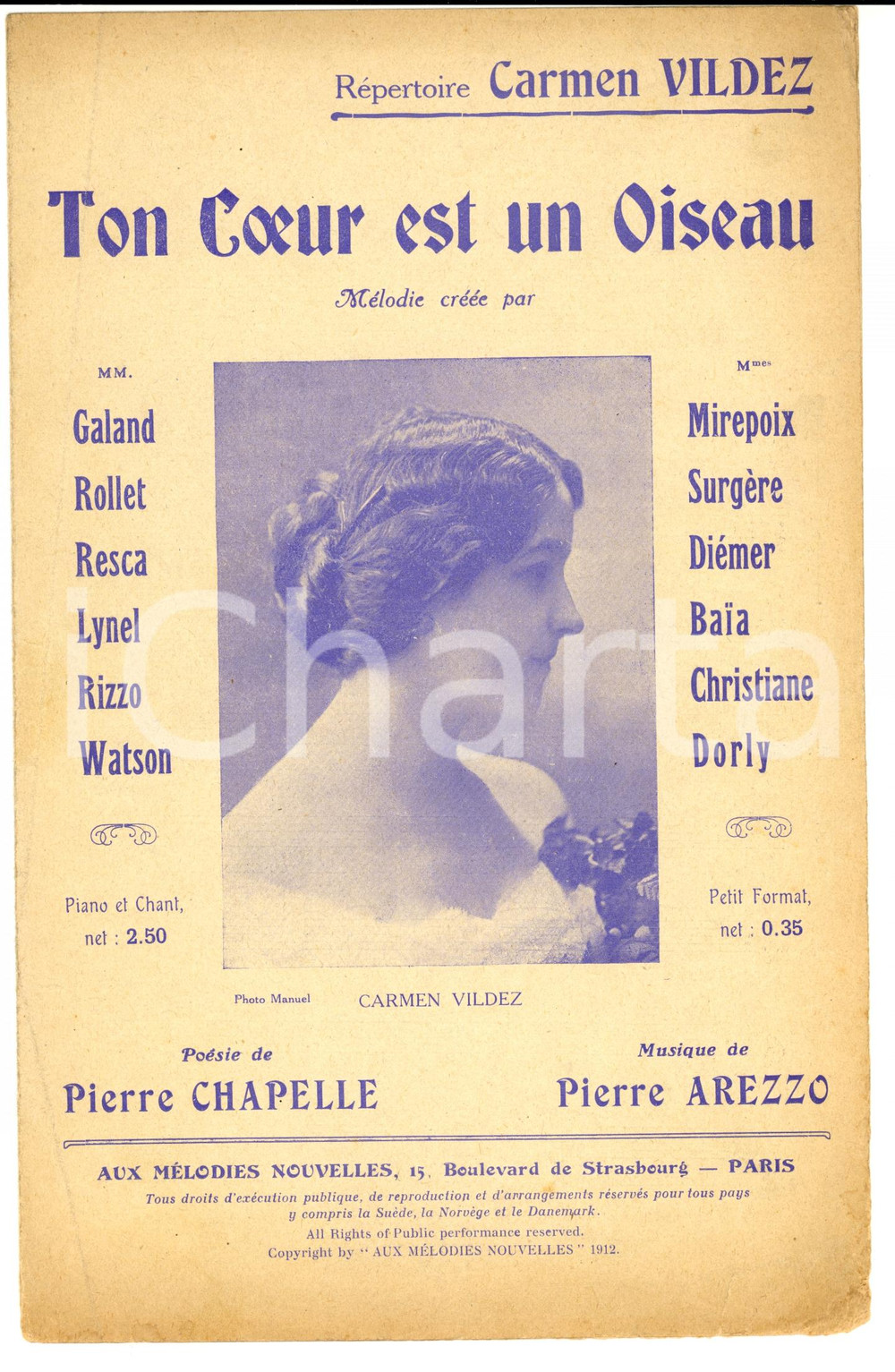 Oggetto da collezione cartaceo 1912 Pierre CHAPELLE Pierre AREZZO Ton coeur est un oiseau *Spartito 1