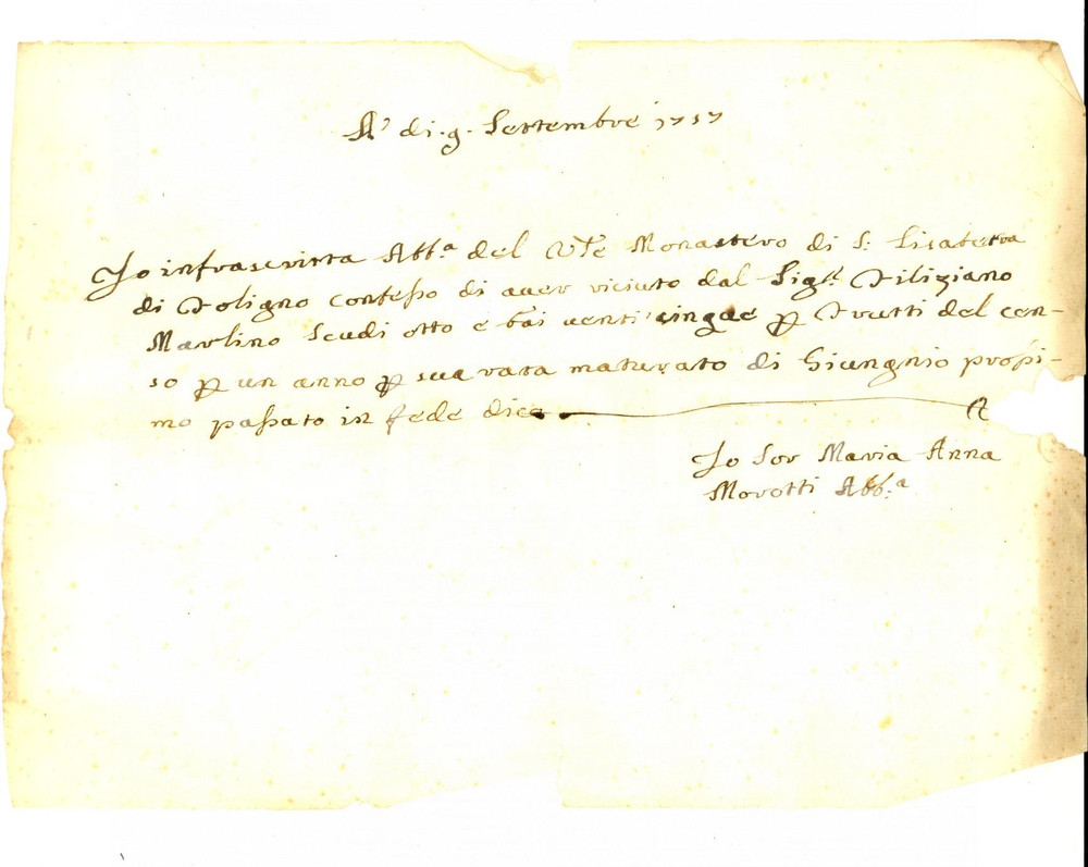 Documento originale, autentico 1717 FOLIGNO Ricevuta Maria Anna MOROTTI badessa SANTA ELISABETTA per censi 1