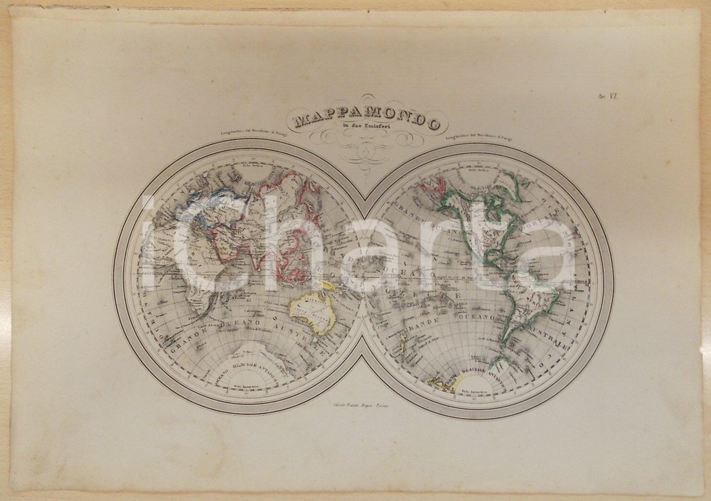 Stampa, bozzetto originale 1864 Atlante Geografico Universale  Mappamondo in due emisferi GUIGONI Tav. VI 1