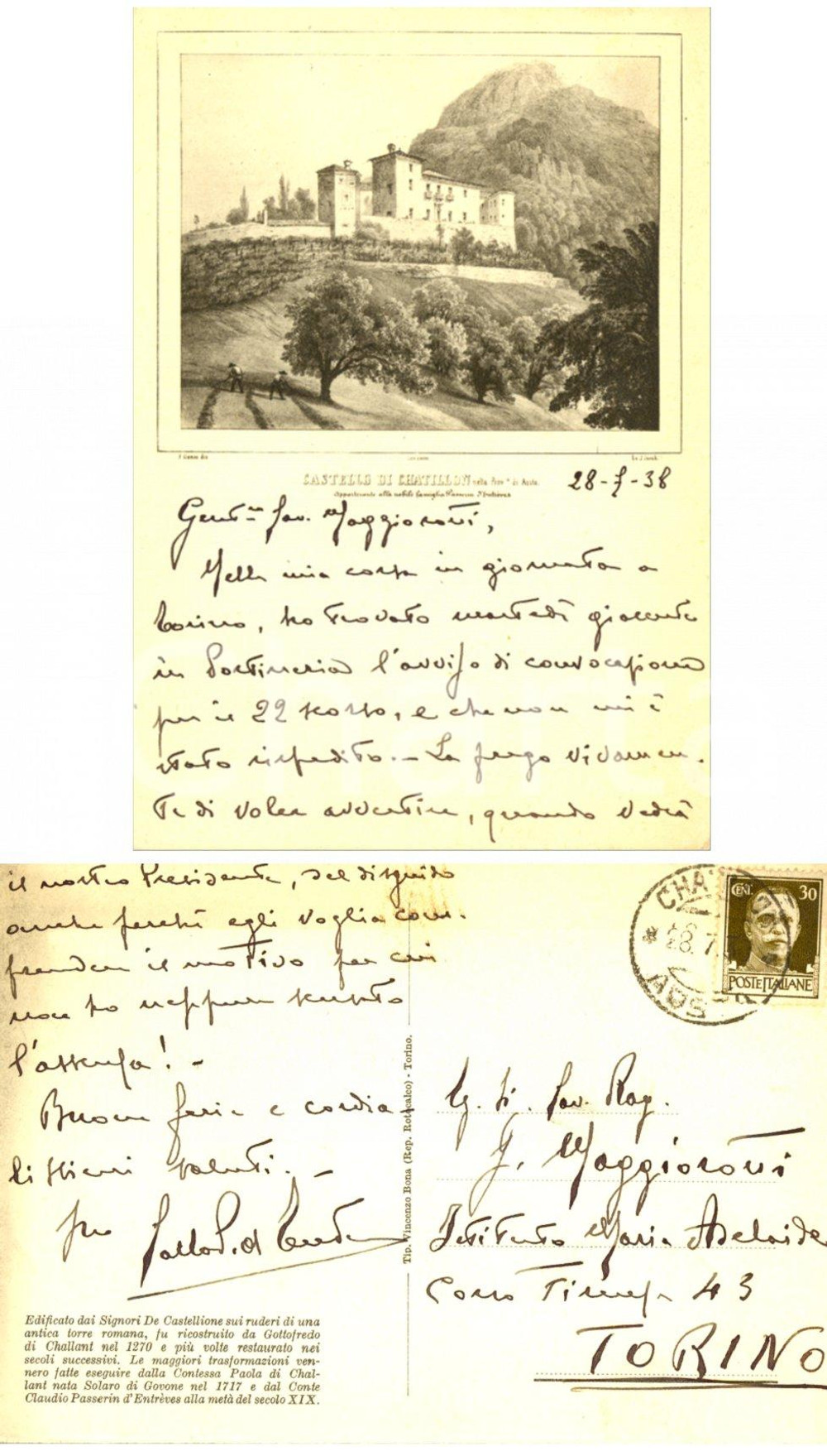Autografo originale 1938 Castello di CHATILLON Carlo PASSERIN D'ENTREVES vittima di mancato avviso 1