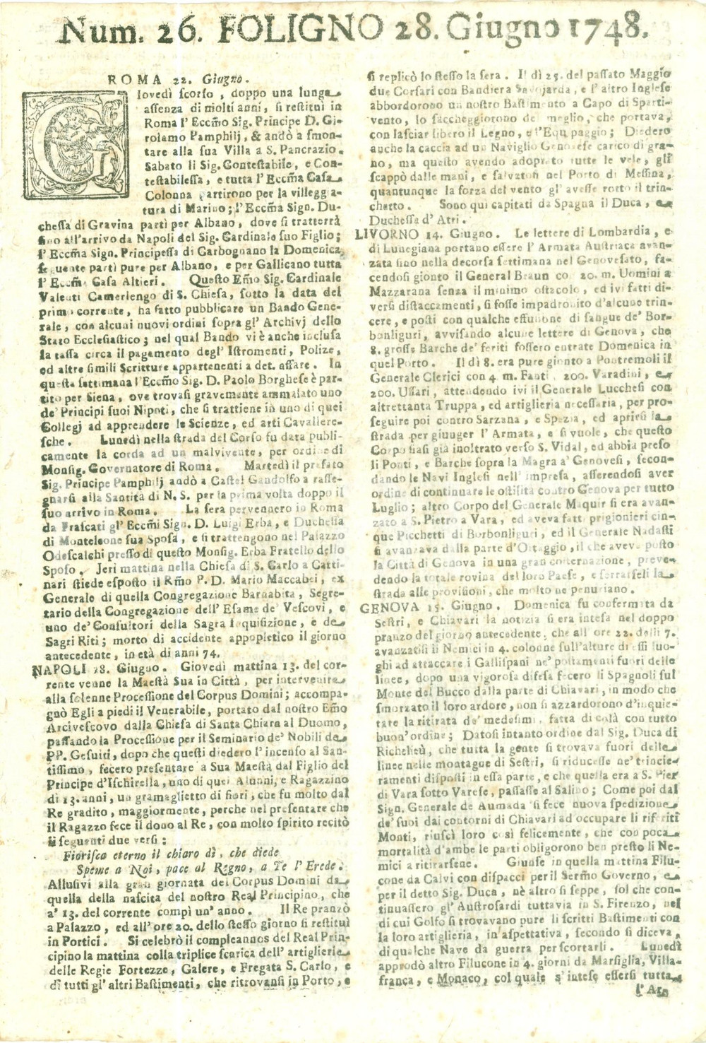 Giornale, rivista storica 1748 GIORNALE DI FOLIGNO n 26 Attacchi contro i GalloIspani su alture di GENOVA 1