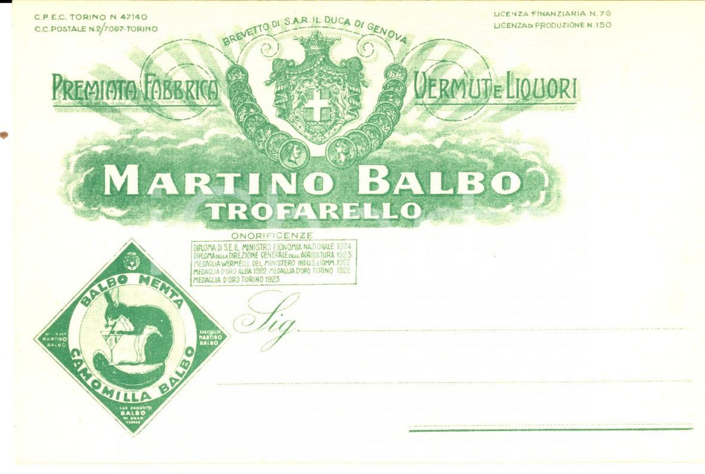 Cartolina originale da collezione 1925 ca TROFARELLO TO Martino BALBO Fabbrica vermut Cartolina pubblicitaria 1