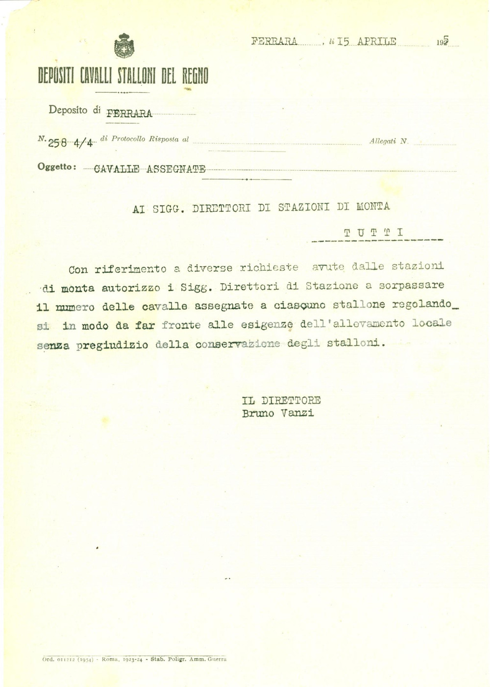 Documento originale, autentico 1925 FERRARA Deposito Stalloni Allevatori chiedono piÃ¹ cavalle *Documento 1