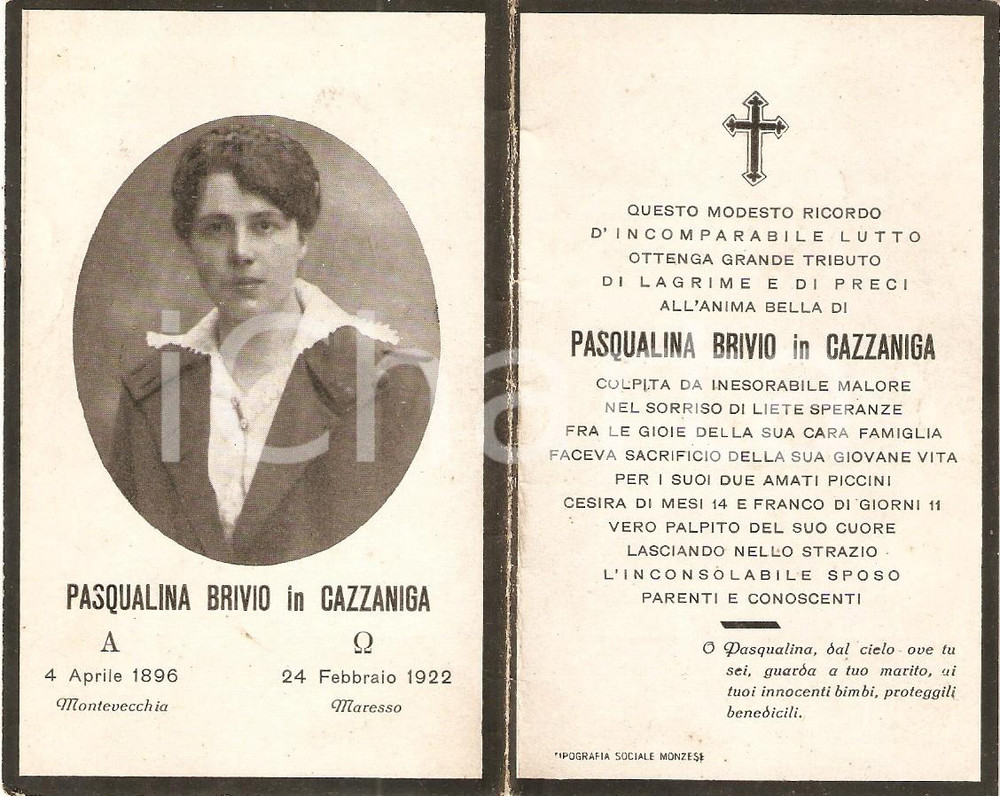 Oggetto da collezione cartaceo 1922 MISSAGLIA Frazione MARESSO In memoria Pasqualina BRIVIO  CAZZANIGA Santino 1