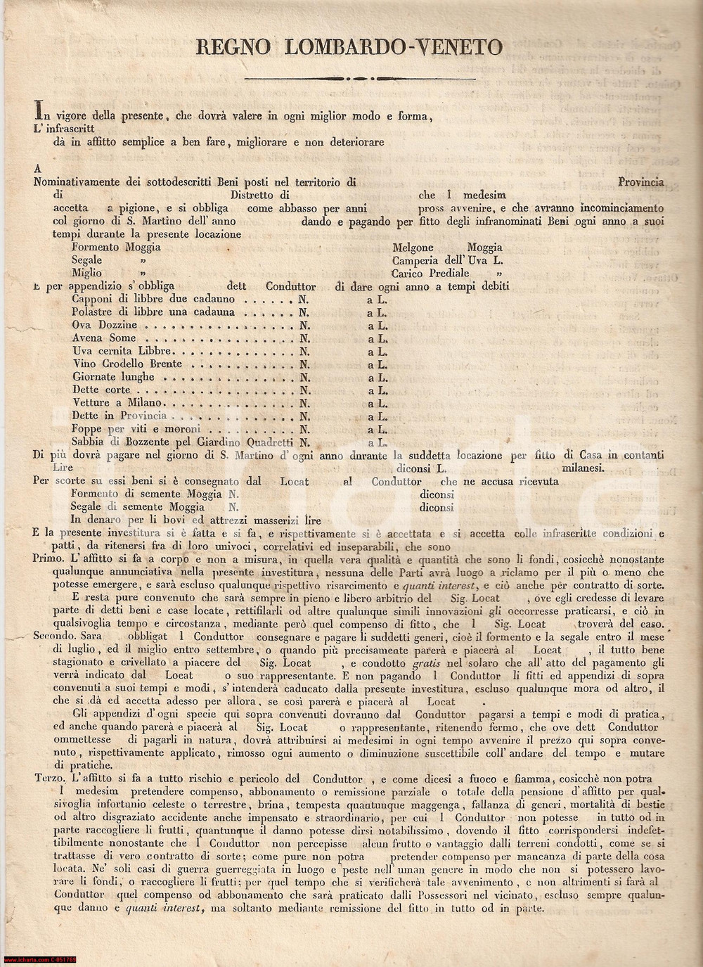 Documento originale, autentico 1820 circa REGNO LOMBARDOVENETO Affitto beni immobili 1