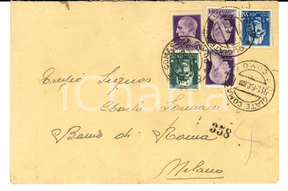 Documento originale, autentico 1945 STORIA POSTALE LUOGOTENENZA Busta affrancata RSI imperiale + turrita 1