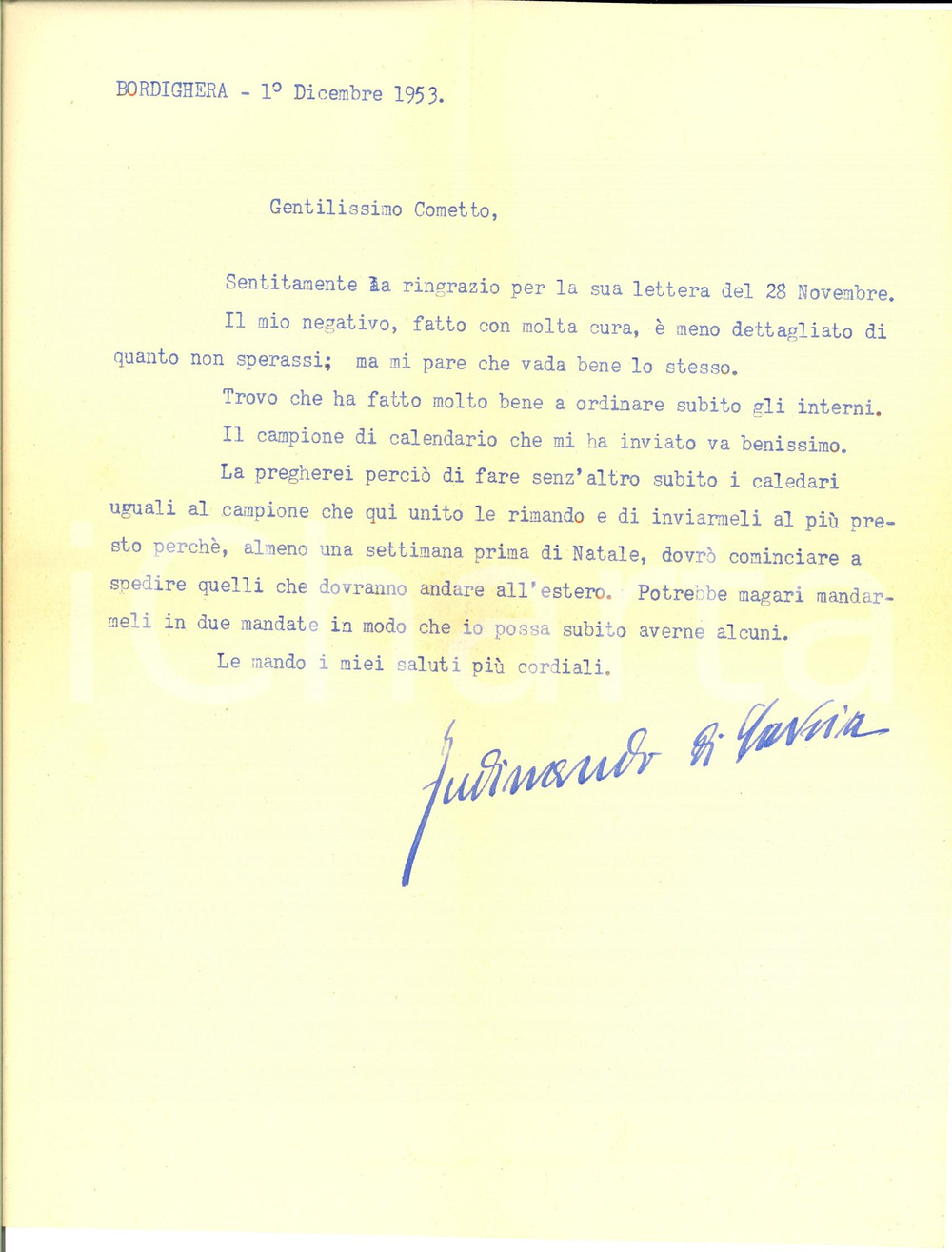 Autografo originale 1953 BORDIGHERA Ferdinando di SAVOIAGENOVA prepara calendario Natale AUTOGRAFO 1