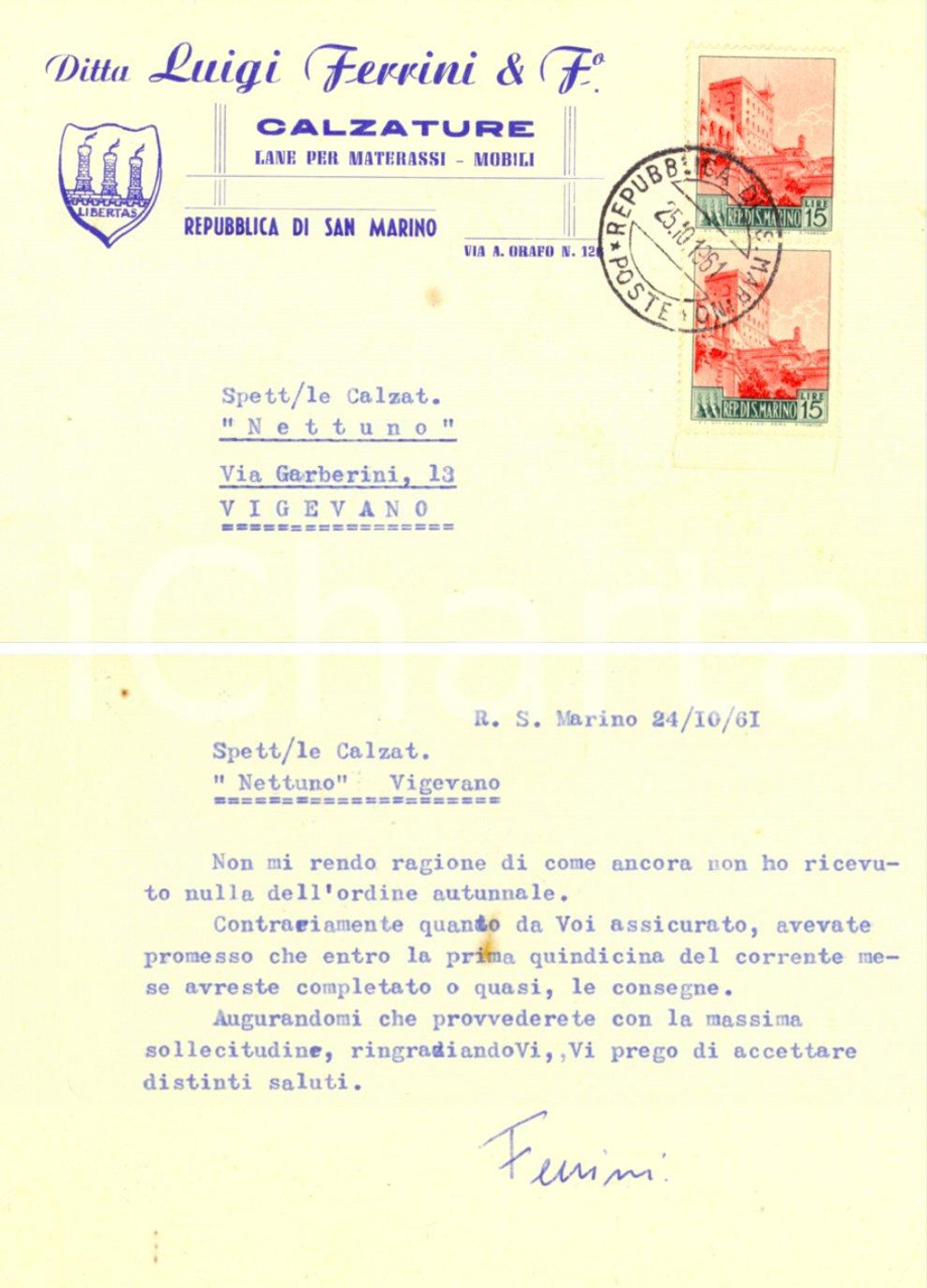 Cartolina originale da collezione 1961 REPUBBLICA SAN MARINO Ditta Luigi FERRINI calzature e lane materassi FG VG 1