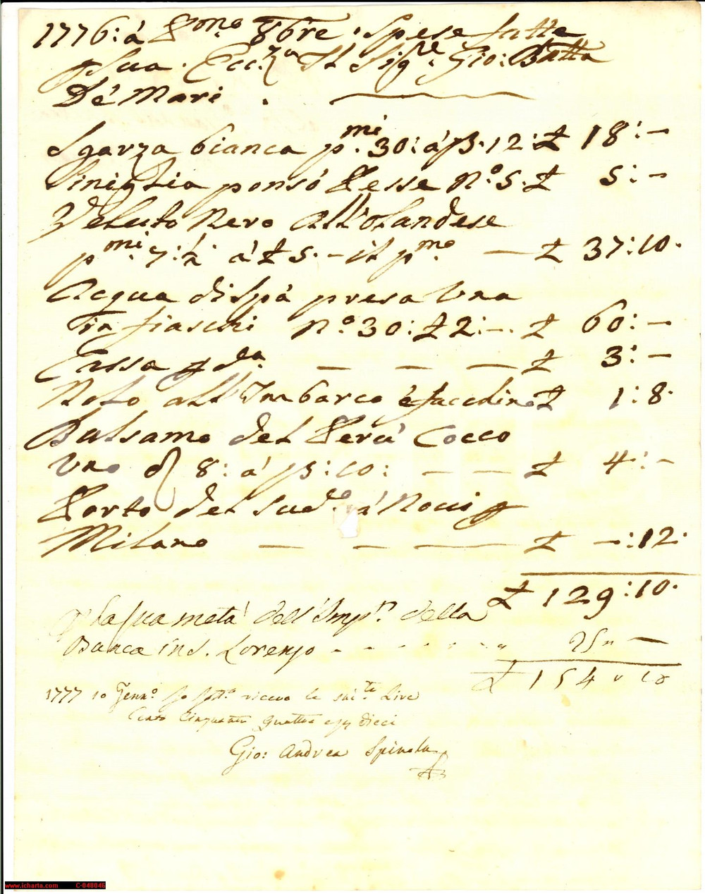 Documento originale, autentico 1776 GENOVA Balsamo del PerÃ¹ e garze marchese DE MARI 1